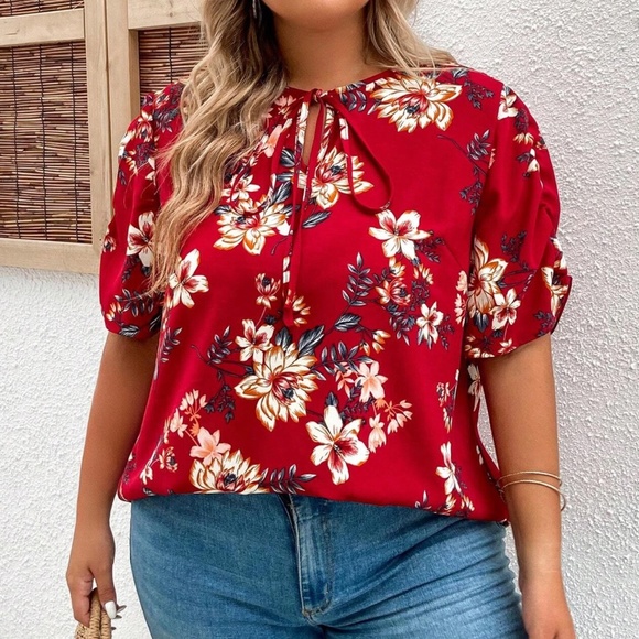 Plus Stripe Color Block Floral Puff Blouse